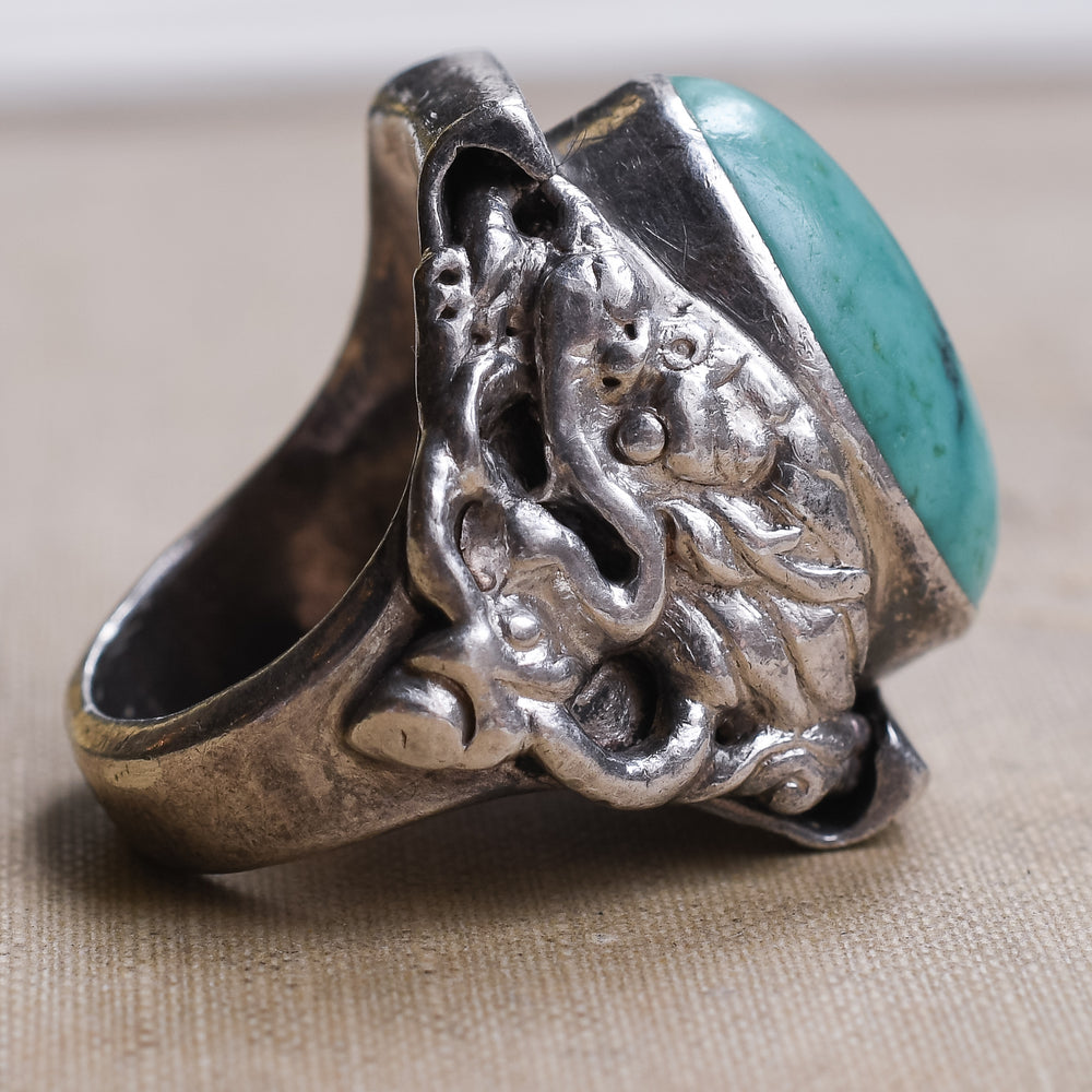 1930s Turquoise Matrix Chinese Dragon Ring