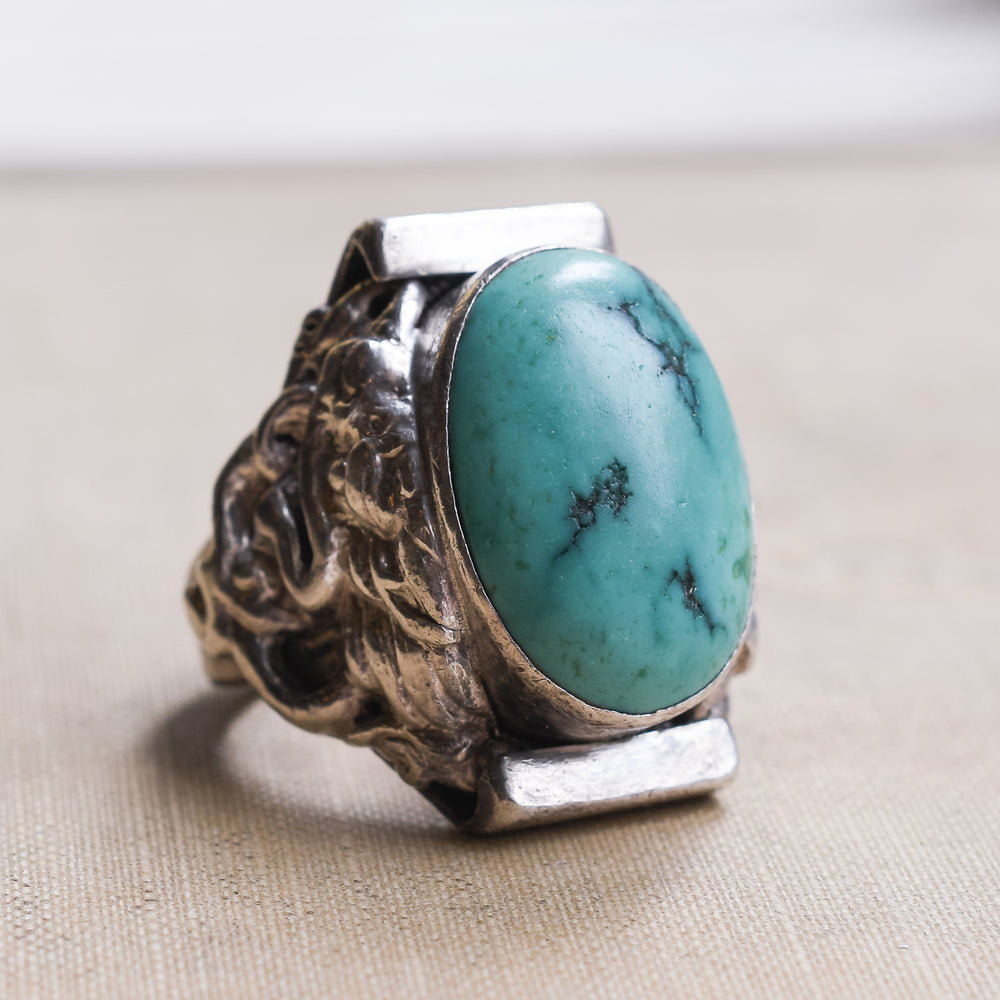 1930s Turquoise Matrix Chinese Dragon Ring