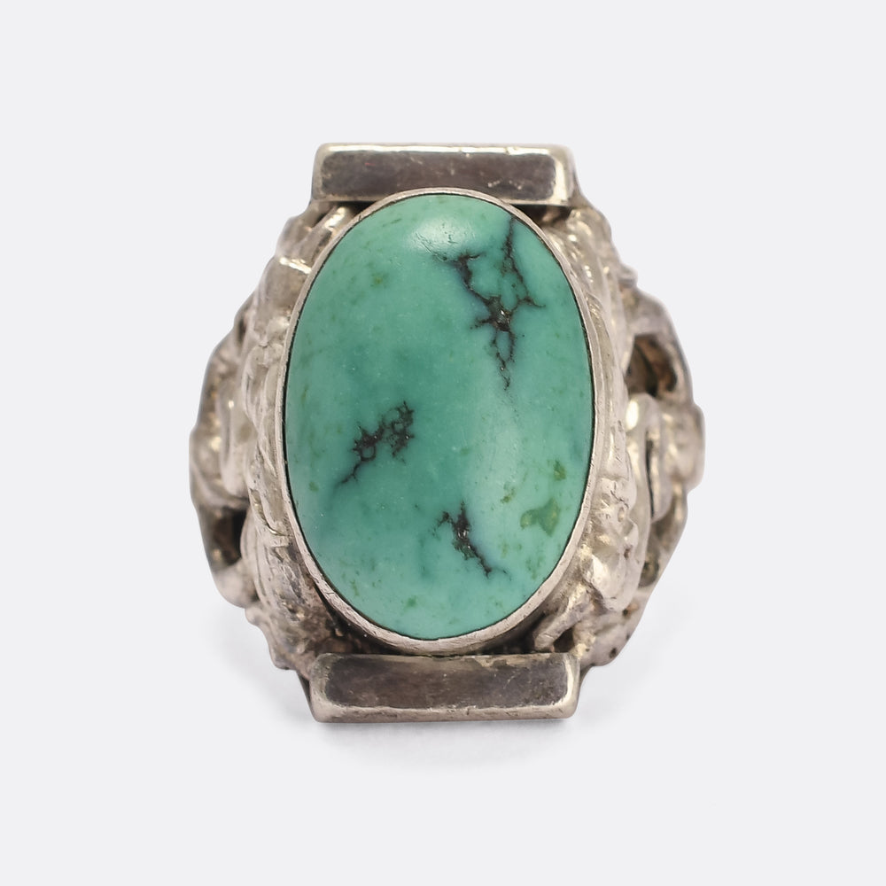 1930s Turquoise Matrix Chinese Dragon Ring