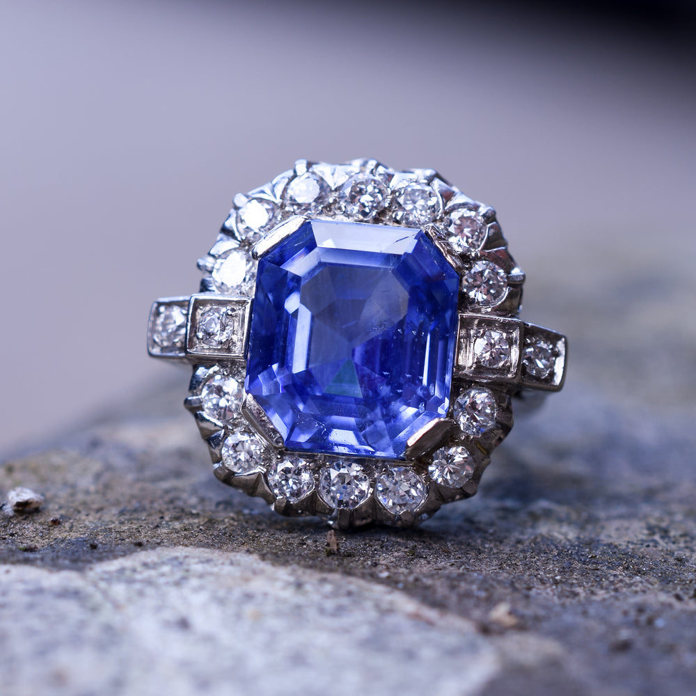 1930s Art Deco Ceylon Sapphire & Diamond Cluster Ring