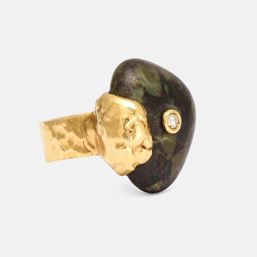 1970s Brutalist Hematite & Diamond Ring