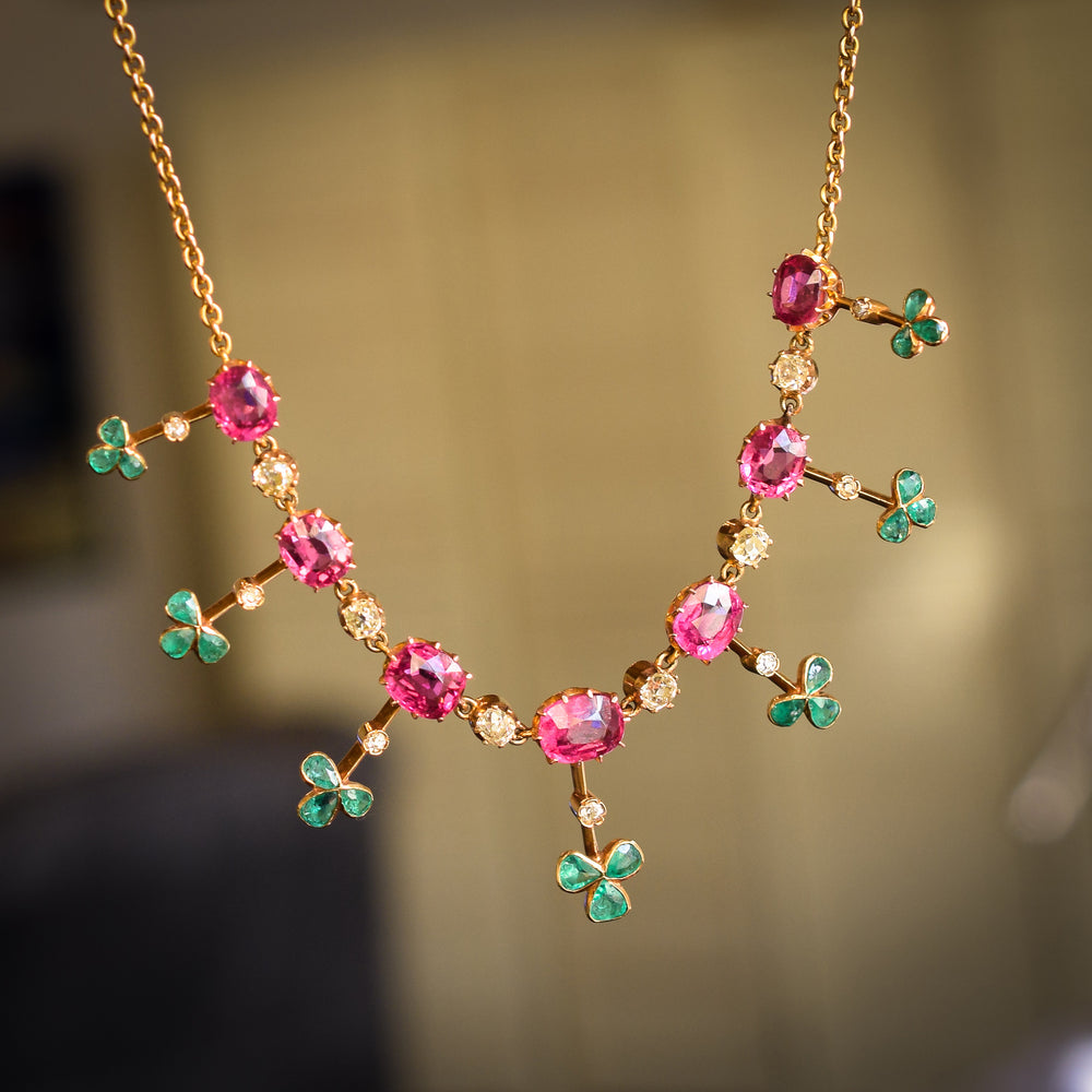 Edwardian Tourmaline, Emerald & Diamond Fringe Necklace
