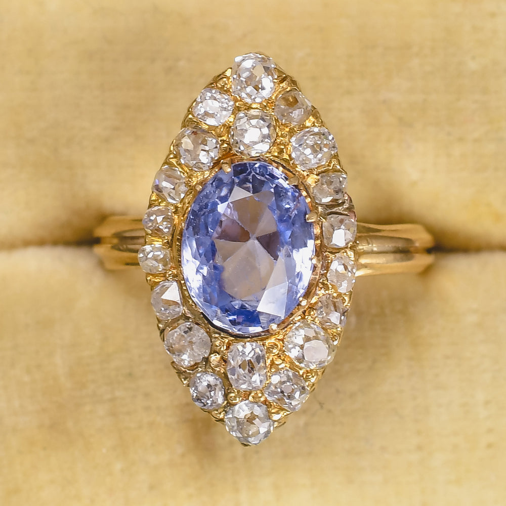 Victorian 2.32ct Ceylon Cornflower Sapphire Navette Cluster Ring