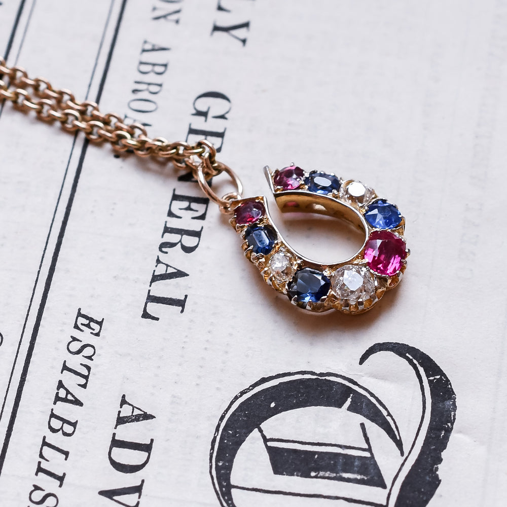 Victorian Ruby, Sapphire & Diamond Horseshoe Pendant