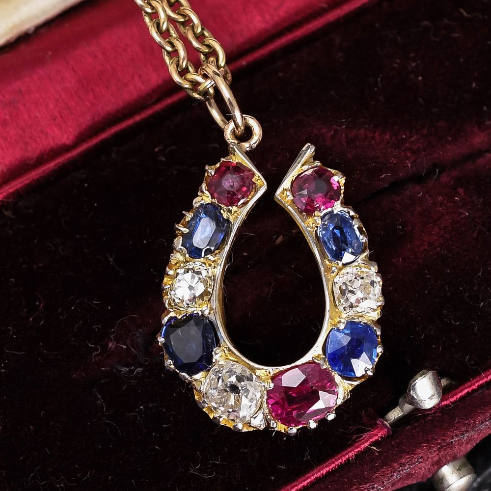 Victorian Ruby, Sapphire & Diamond Horseshoe Pendant