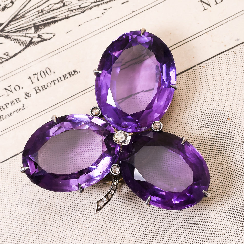 Mid-Victorian Amethyst & Diamond Clover Brooch