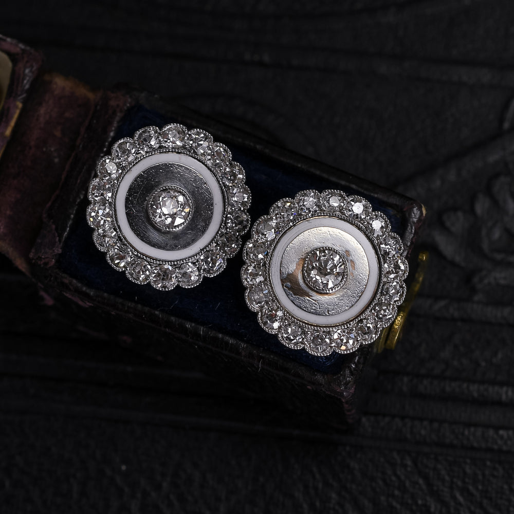 Art Deco Diamond & White Enamel Target Earrings