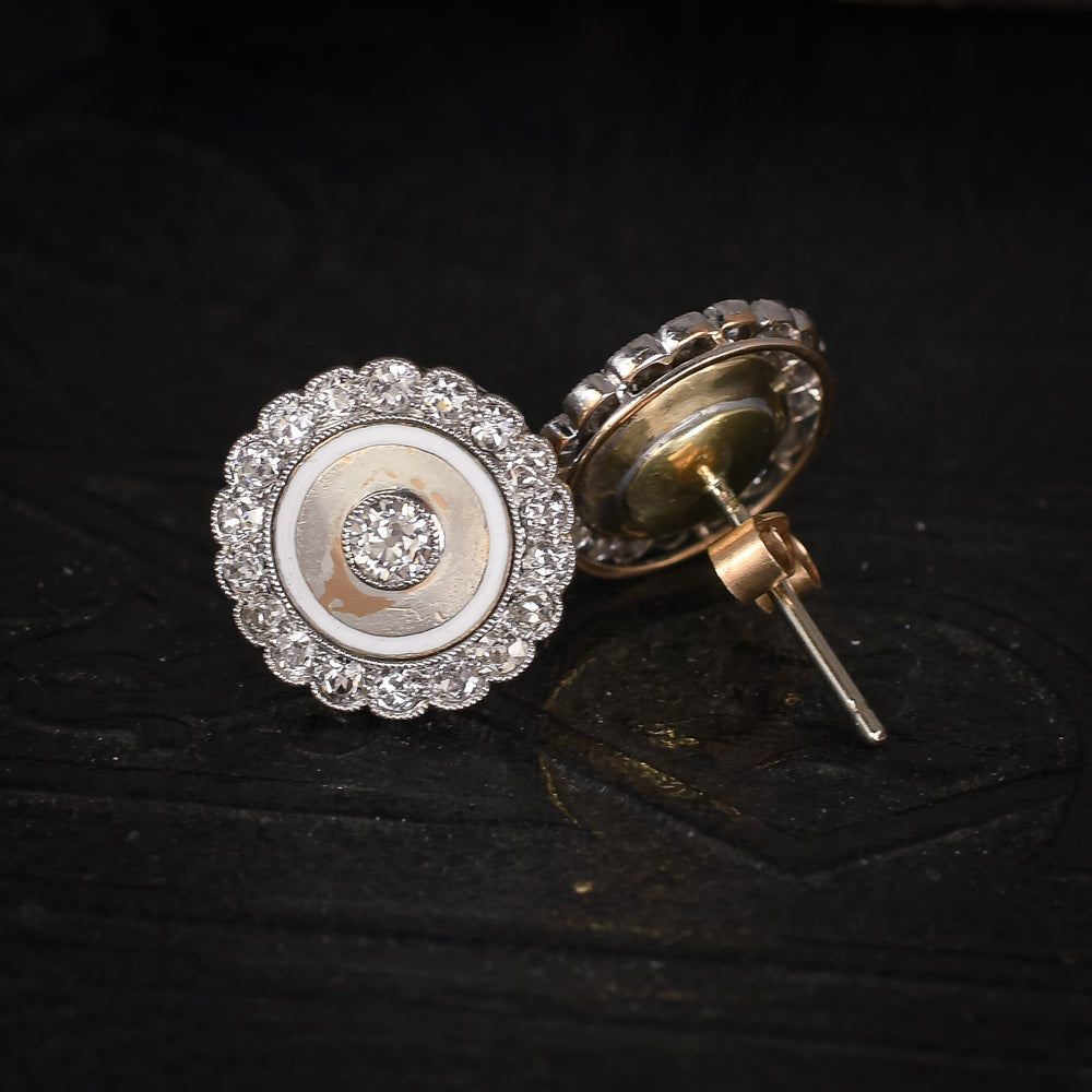 Art Deco Diamond & White Enamel Target Earrings