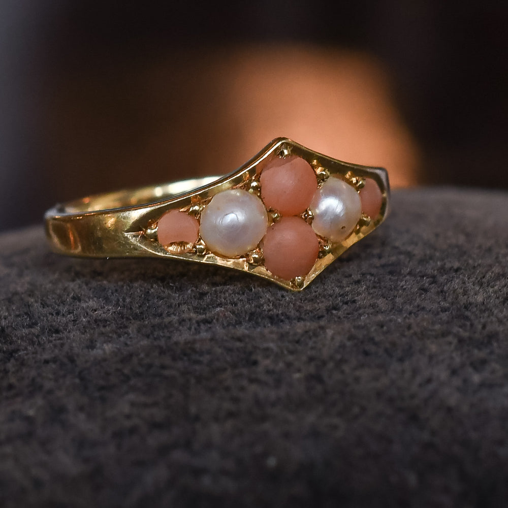 Victorian Coral & Pearl Cluster Ring