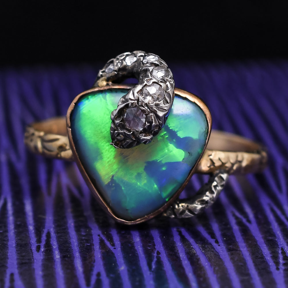 Victorian Black Opal & Diamond Snake Ring