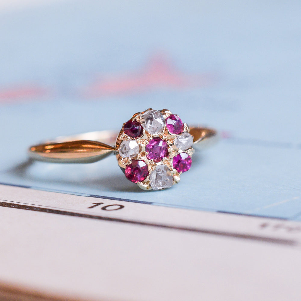 Late Victorian Ruby & Diamond Round Cluster Ring