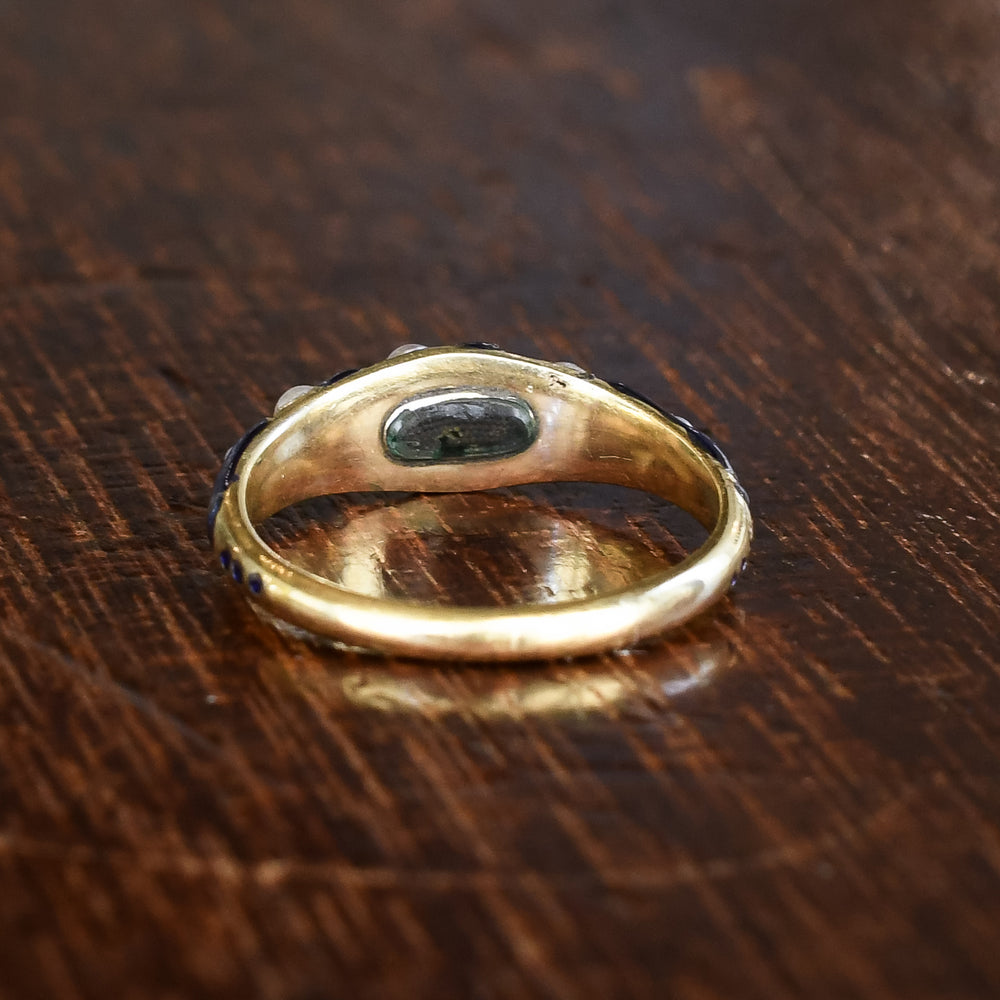 Early Victorian Blue Enamel & Pearl Locket Ring