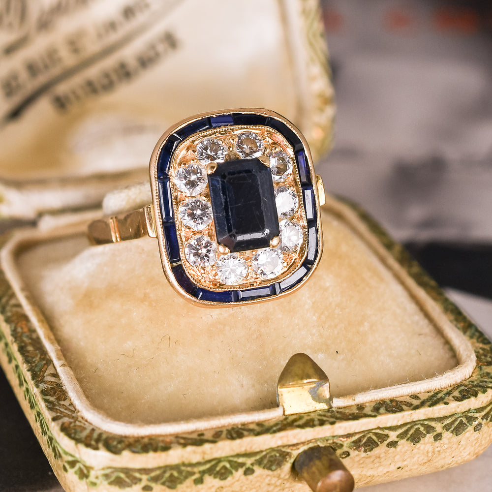 Mid-Century Sapphire & Diamond Cushion Cluster Ring