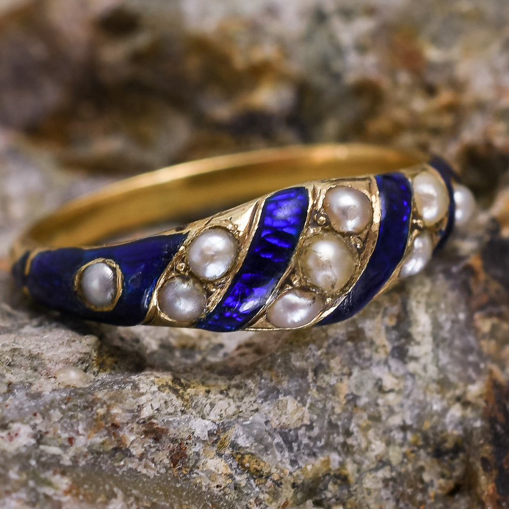 Early Victorian Blue Enamel & Pearl Locket Ring