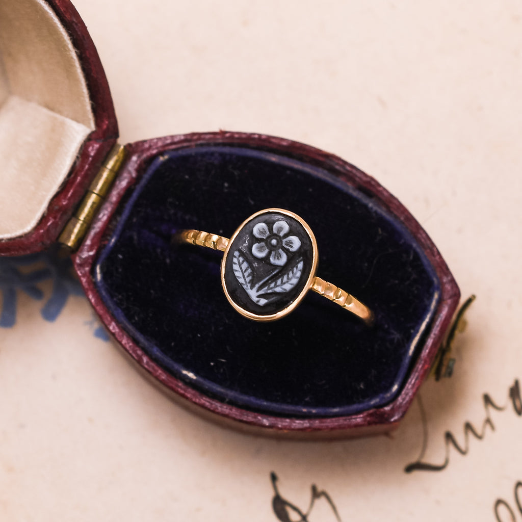Mid Victorian Onyx Forget-Me-Not Cameo Ring – Butter Lane Antiques