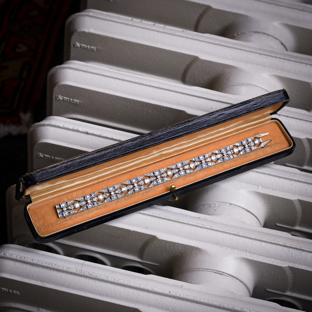 French Art Deco Diamond & Sapphire Millegrain Panel Bracelet