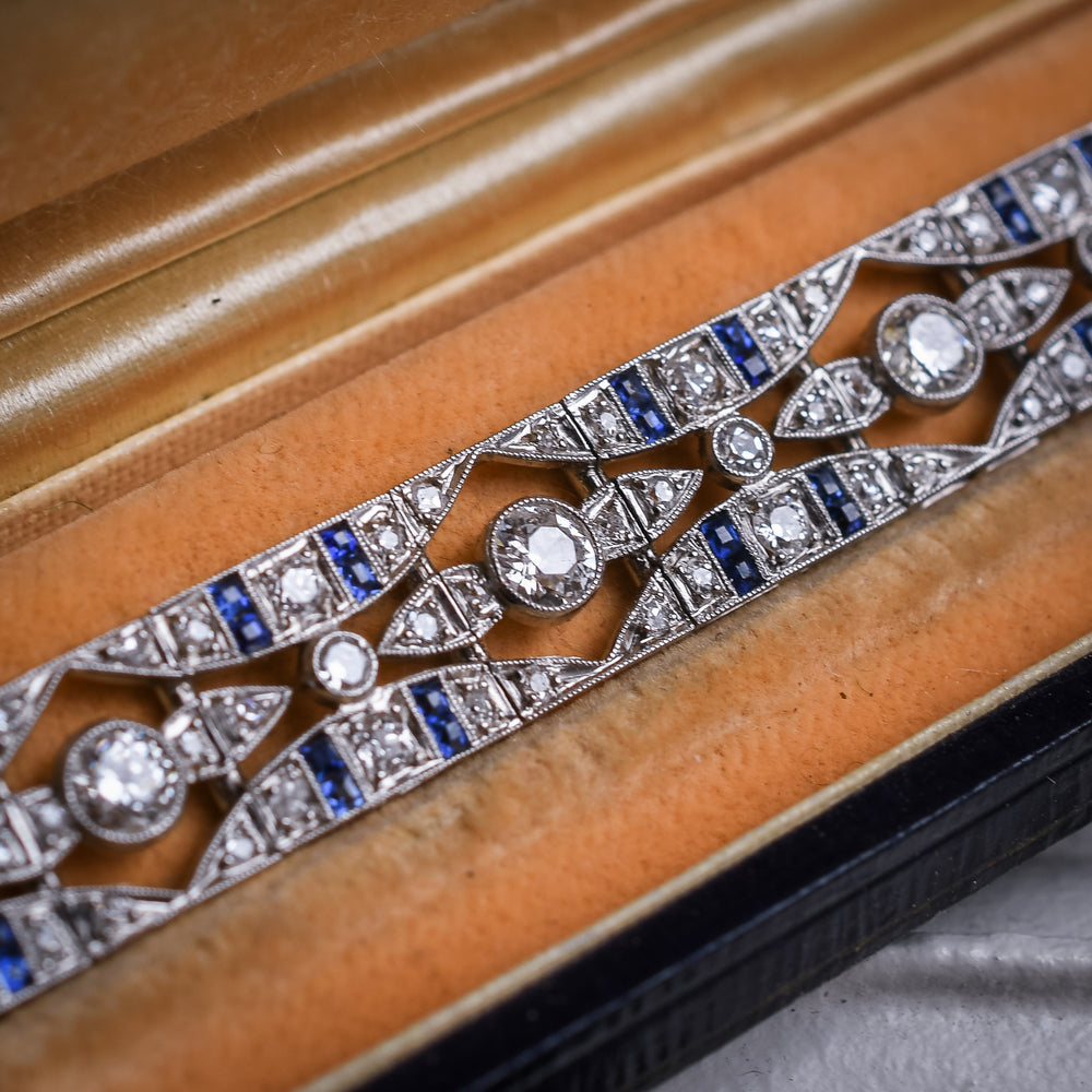French Art Deco Diamond & Sapphire Millegrain Panel Bracelet