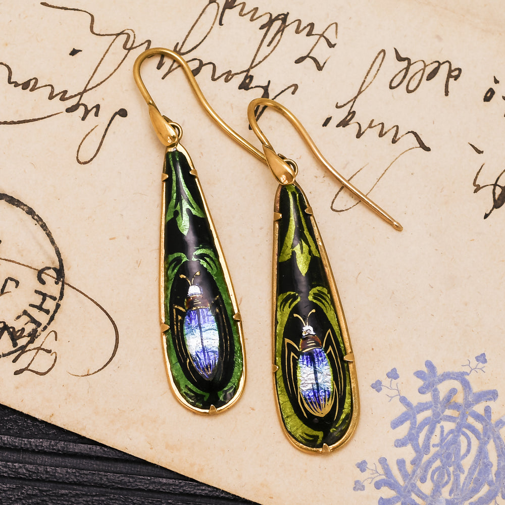 Egyptian Revival Limoges Enamel Beetle Earrings