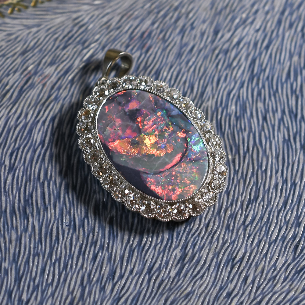 Art Deco Black Opal & Diamond Flower Cluster Pendant