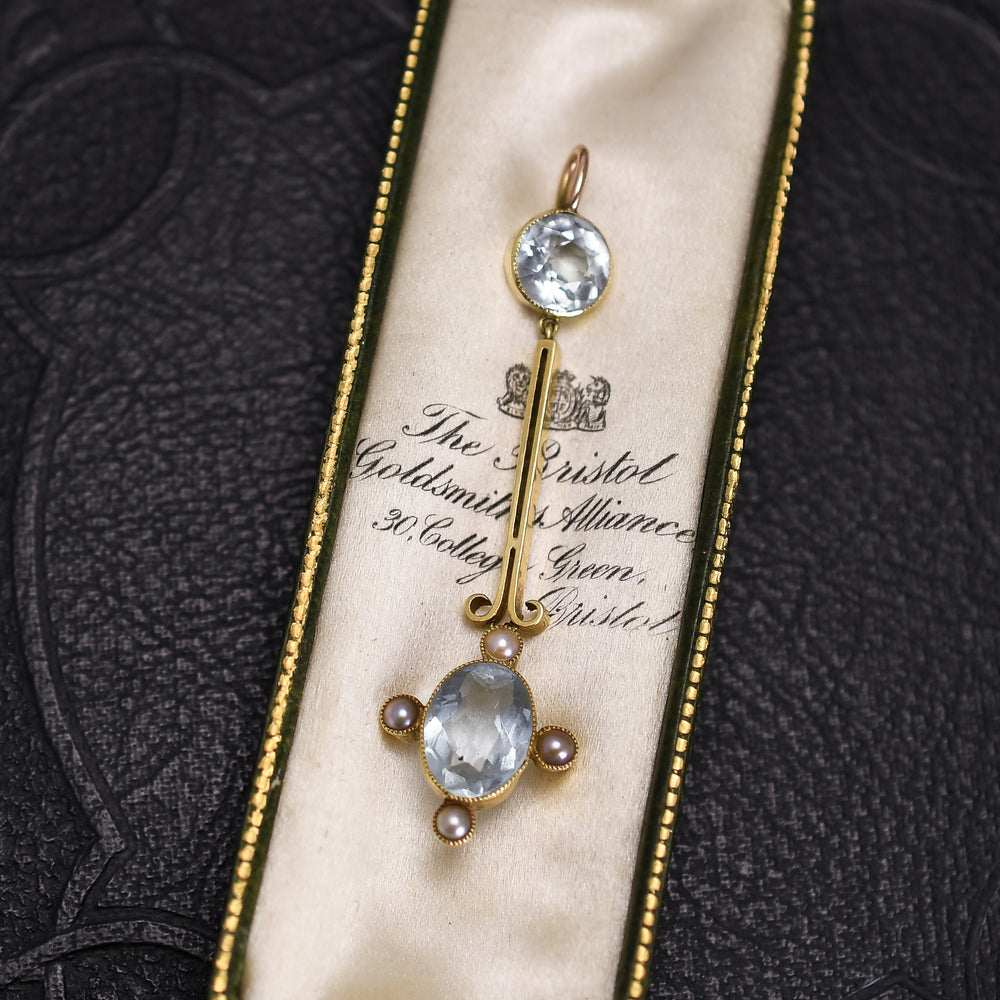 Edwardian Aquamarine & Pearl Bar Pendant