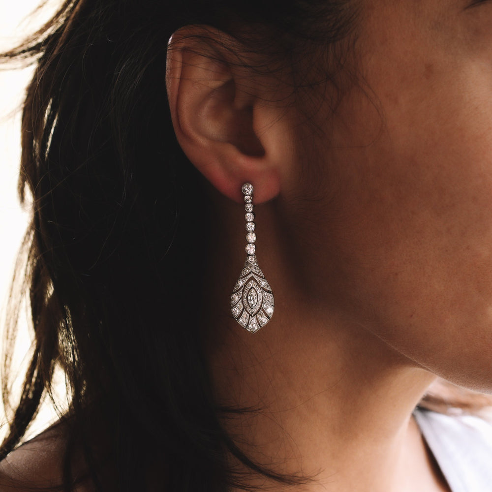 Edwardian Peacock Feathers Diamond Drop Earrings