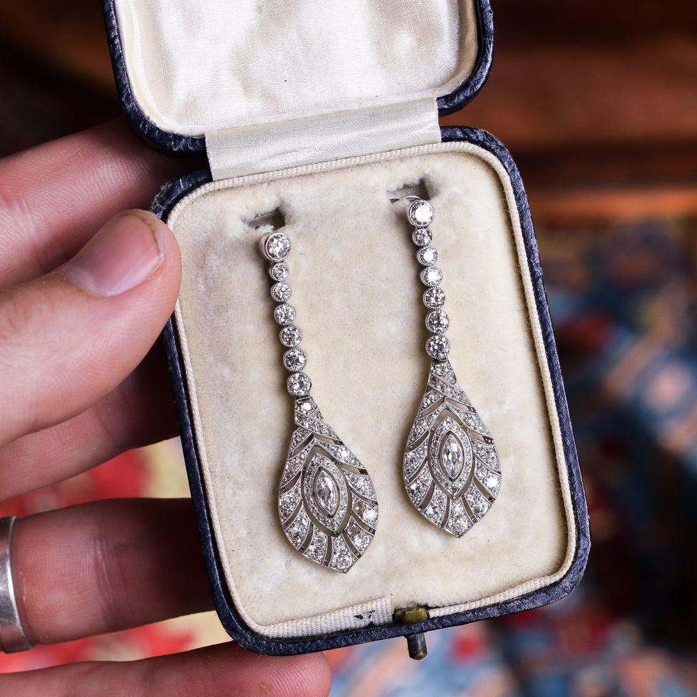 Edwardian Peacock Feathers Diamond Drop Earrings