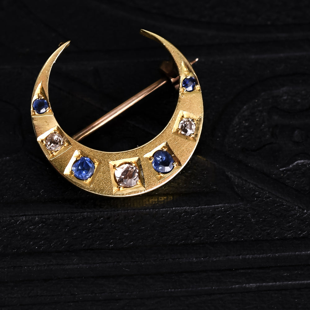 Late Victorian Sapphire & Diamond Crescent Moon Brooch