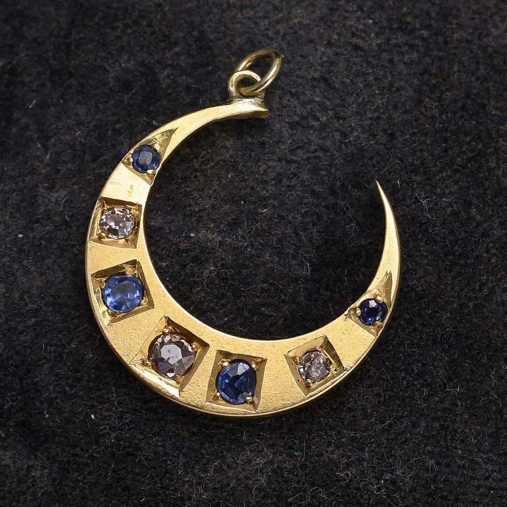 Late Victorian Sapphire & Diamond Crescent Moon Pendant