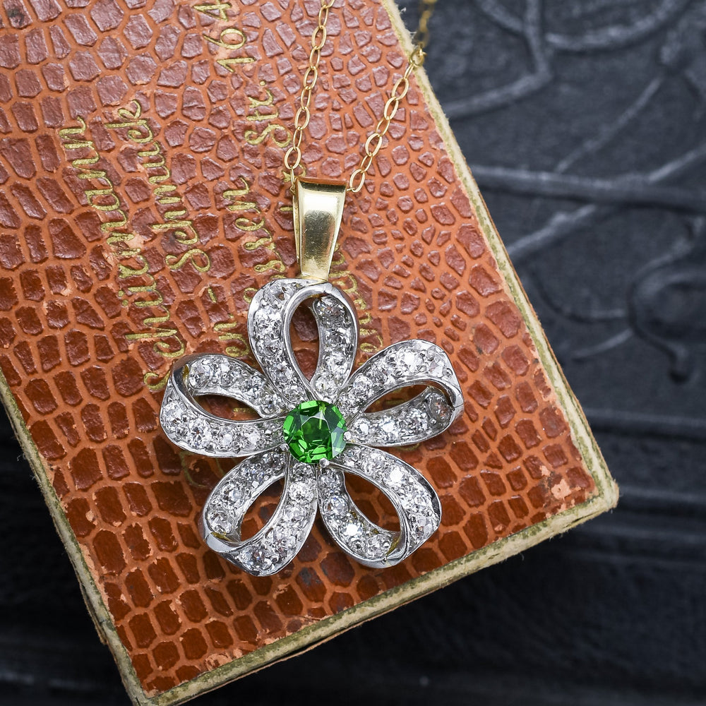 Edwardian Demantoid Garnet & Diamond Flower Brooch
