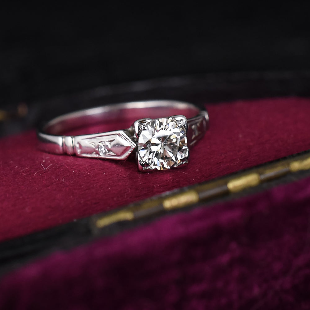 Art Deco Square Set .75ct Transitional Cut Diamond Solitaire Ring