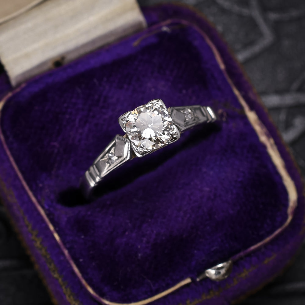 Art Deco Square Set .75ct Transitional Cut Diamond Solitaire Ring