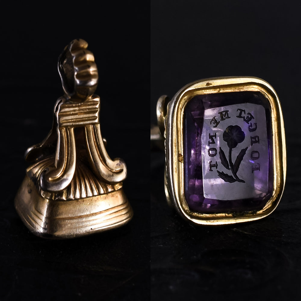 Georgian Forget Me Not Amethyst Intaglio Seal Fob Pendant