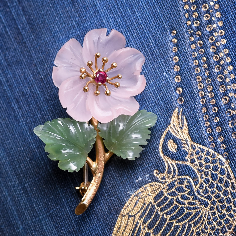 Mid-Century Rose Quartz & Jade Dog Rose Brooch