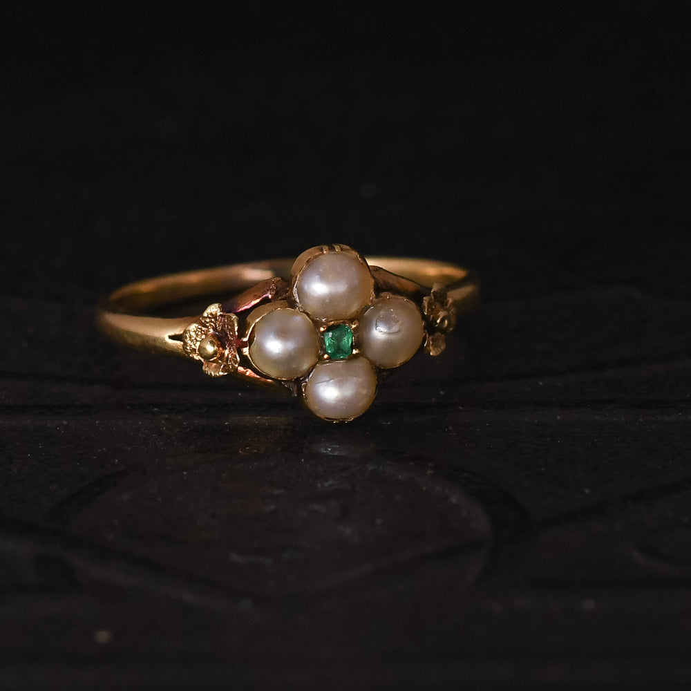 Georgian Pearl & Emerald Flower Cluster Ring