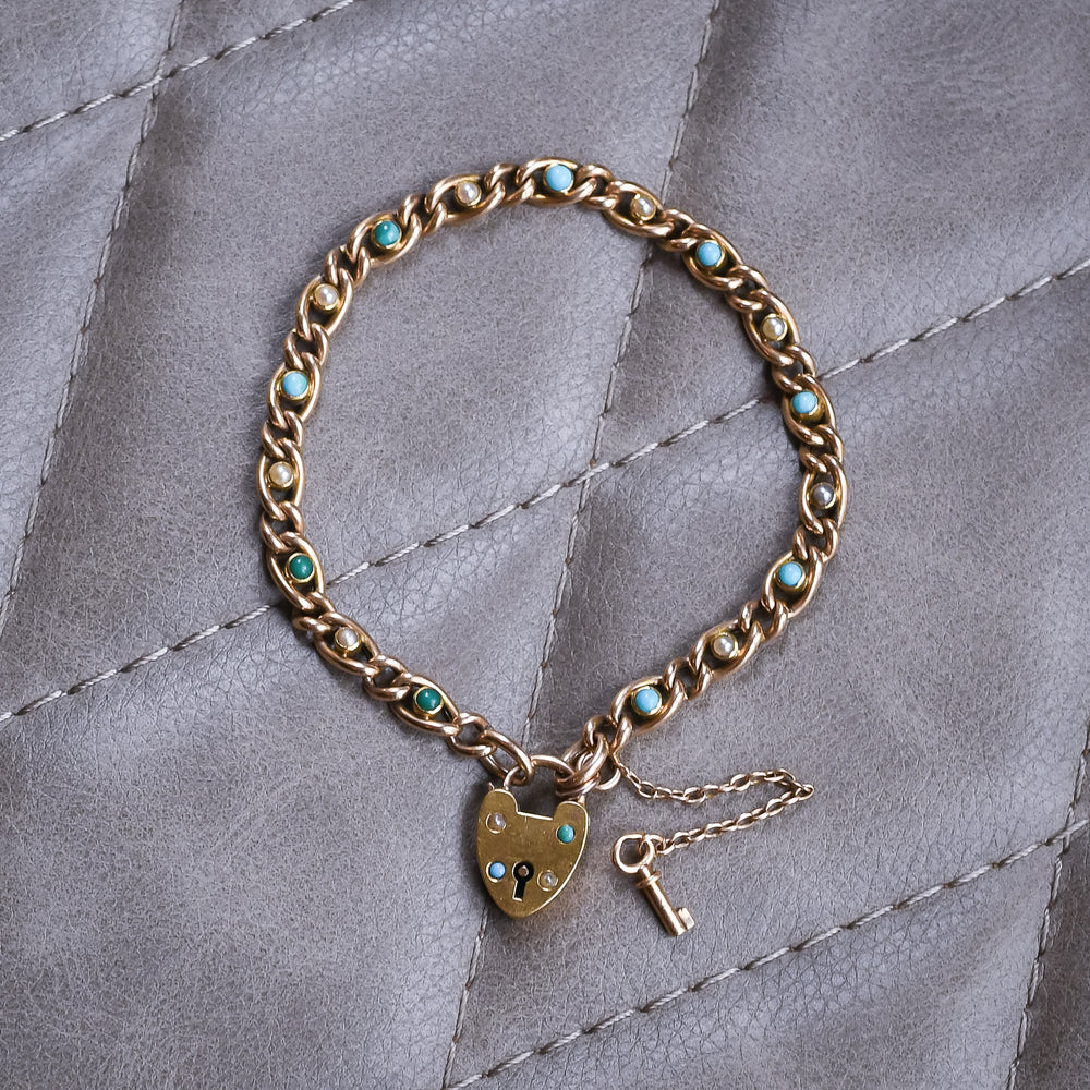 Victorian Turquoise & Pearl Curb-Link Bracelet with Heart Padlock