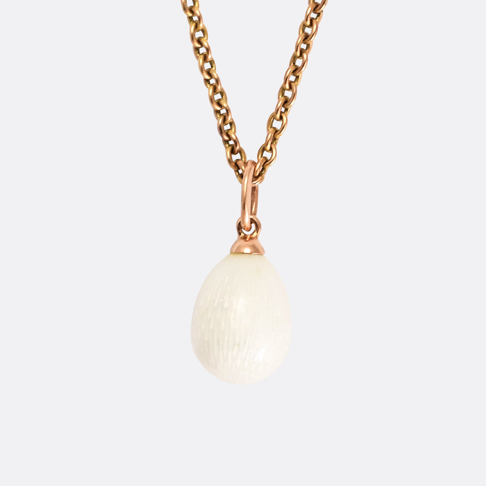 Imperial Russian White Enamel Miniature Egg Pendant