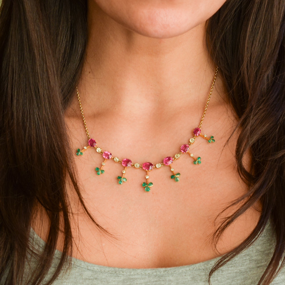 Edwardian Tourmaline, Emerald & Diamond Fringe Necklace
