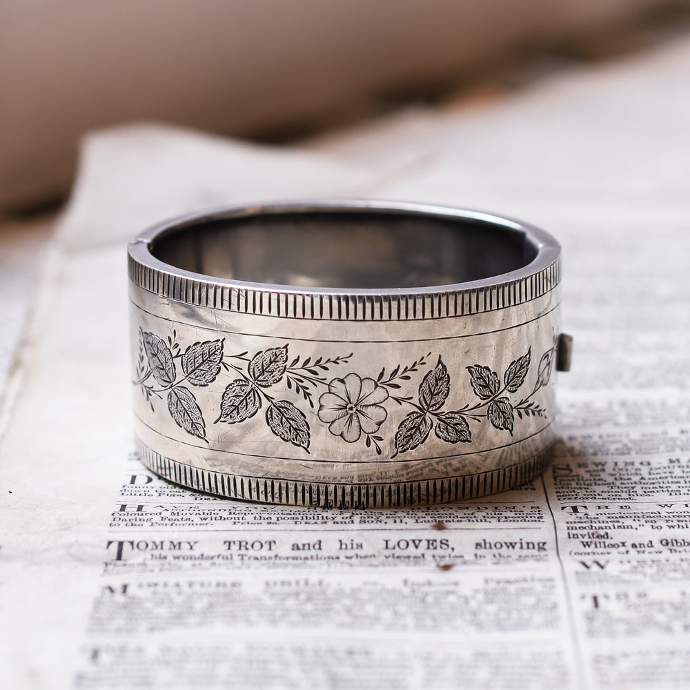 Victorian Language of Flowers Silver Cuff Bangle
