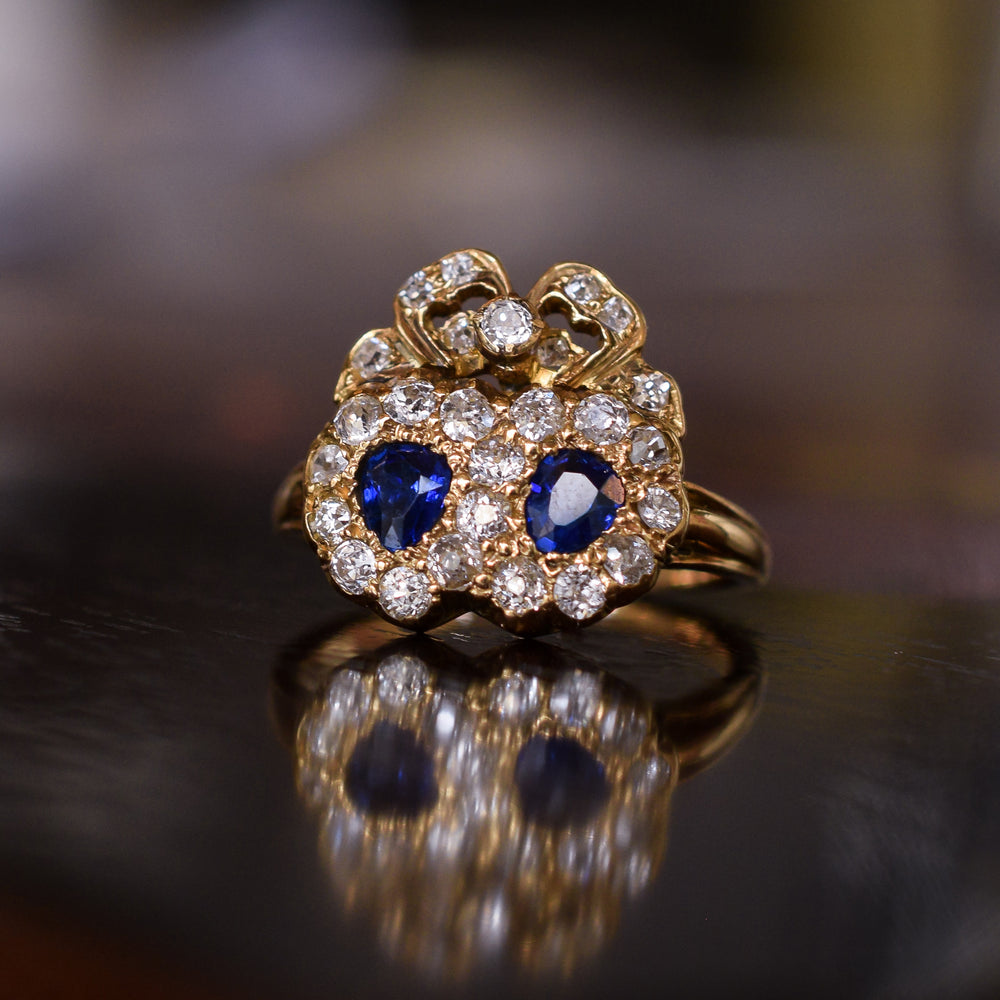 Victorian Sapphire & Diamond Bowed Double Heart Ring