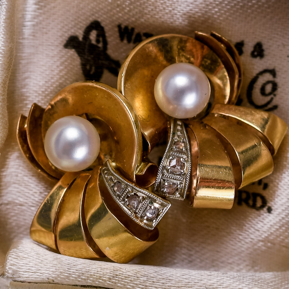 1940s Retro Pearl & Diamond Nautilus Earrings