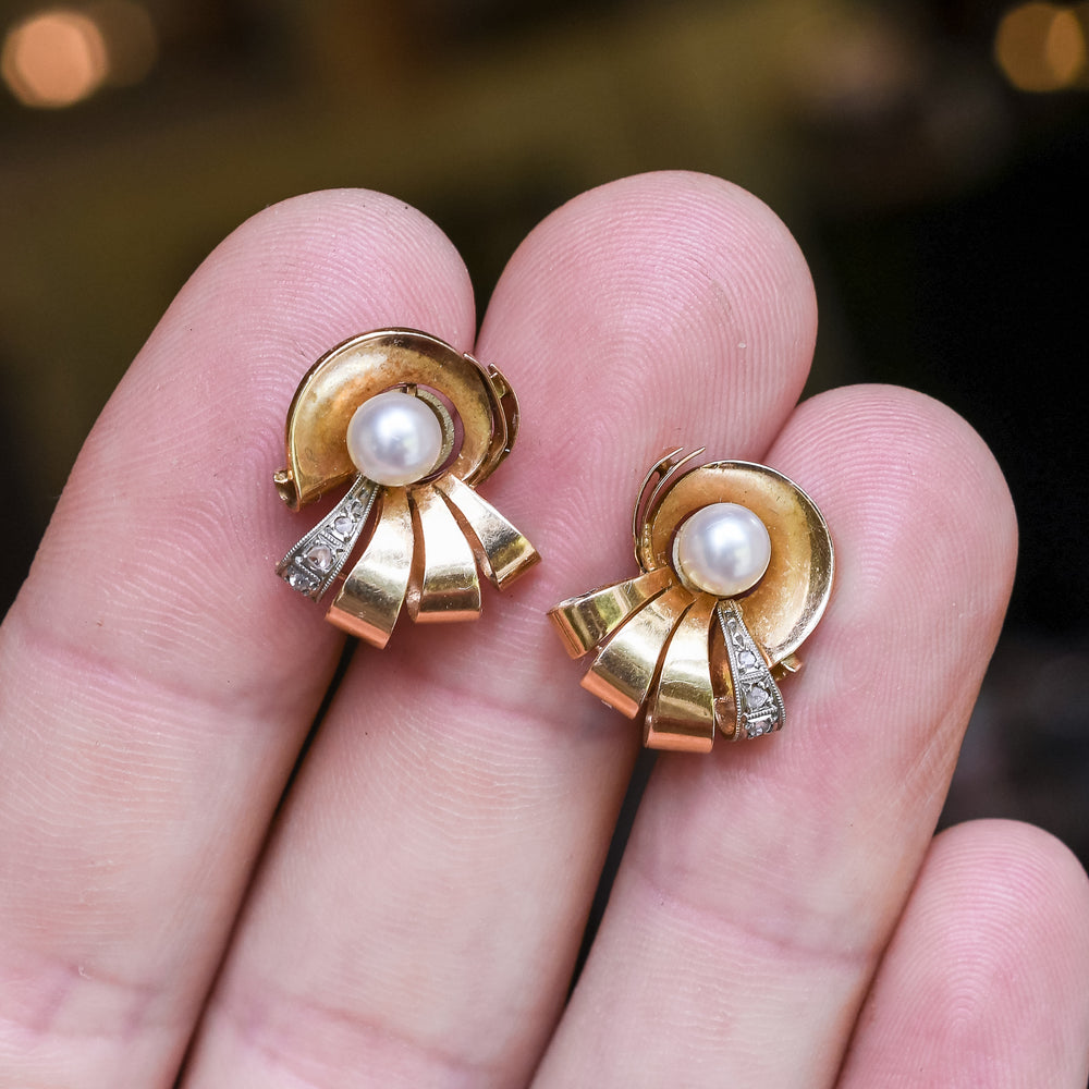 1940s Retro Pearl & Diamond Nautilus Earrings