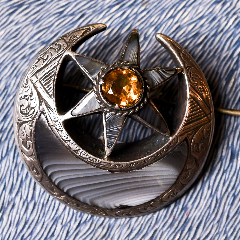 Victorian Scottish Crescent Moon & Star Brooch