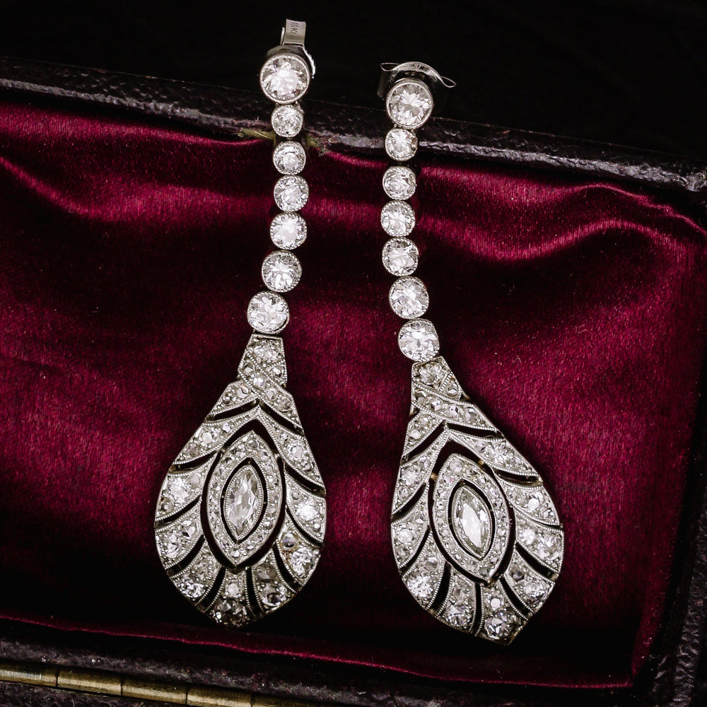 Edwardian Peacock Feathers Diamond Drop Earrings
