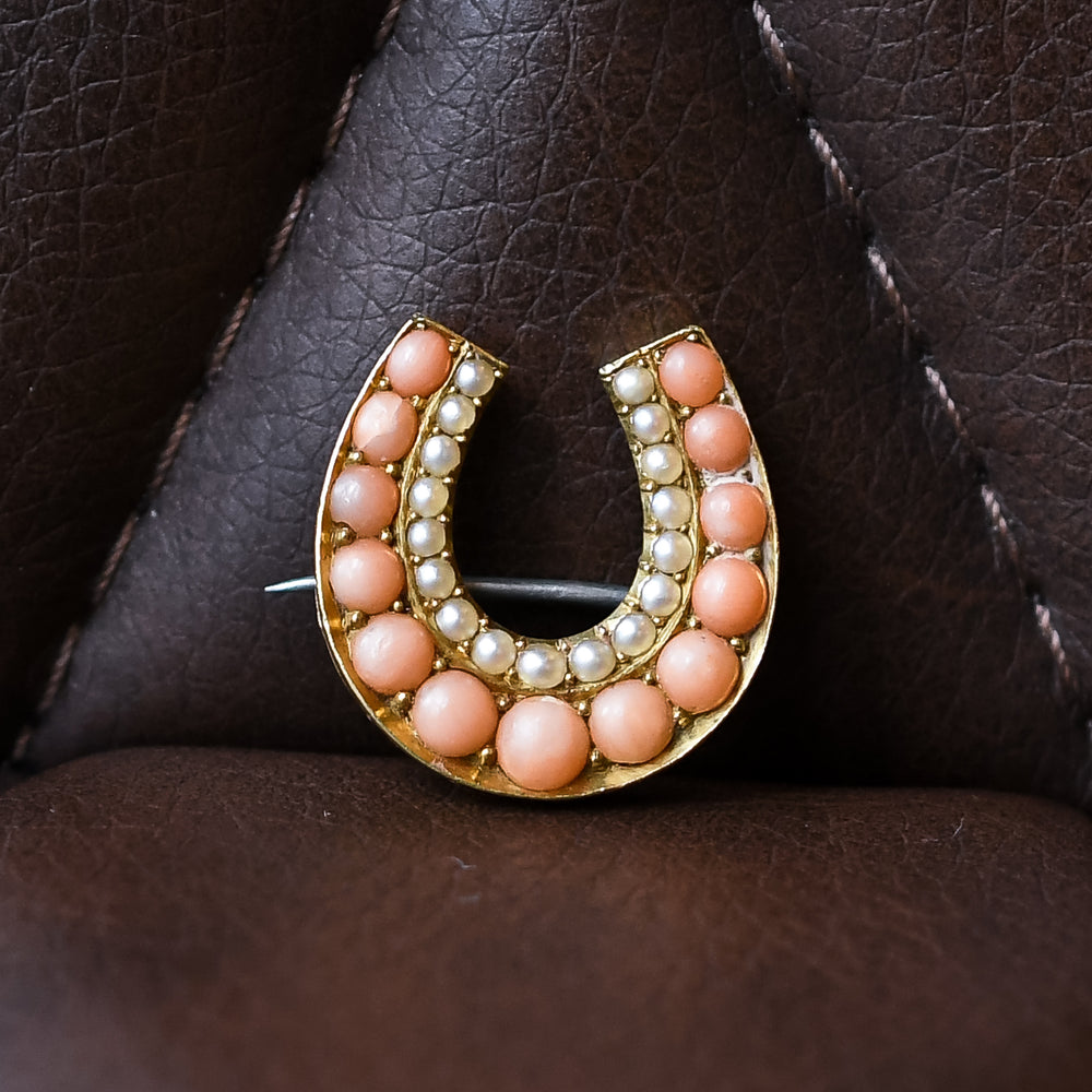 Victorian Pearl & Coral Lucky Horseshoe Brooch