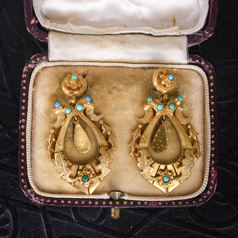 Mid-Victorian Turquoise Crescent & Star Earrings
