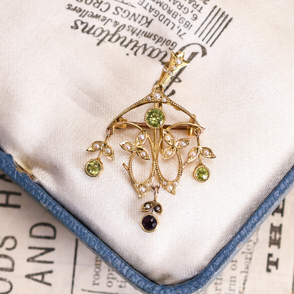 Art Nouveau Peridot, Amethyst & Pearl Lavaliere Pendant