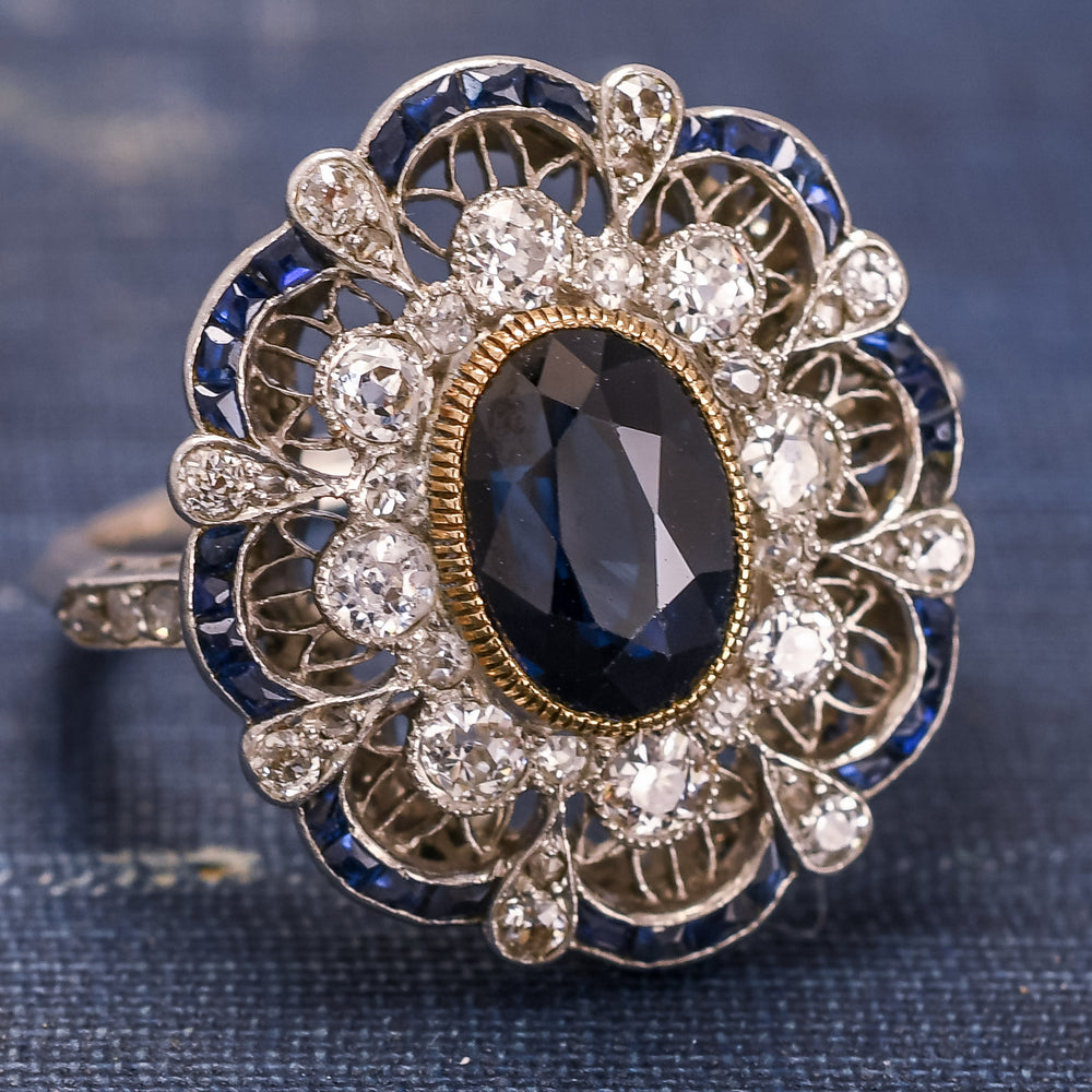 Edwardian Sapphire & Diamond Openwork Cocktail Ring