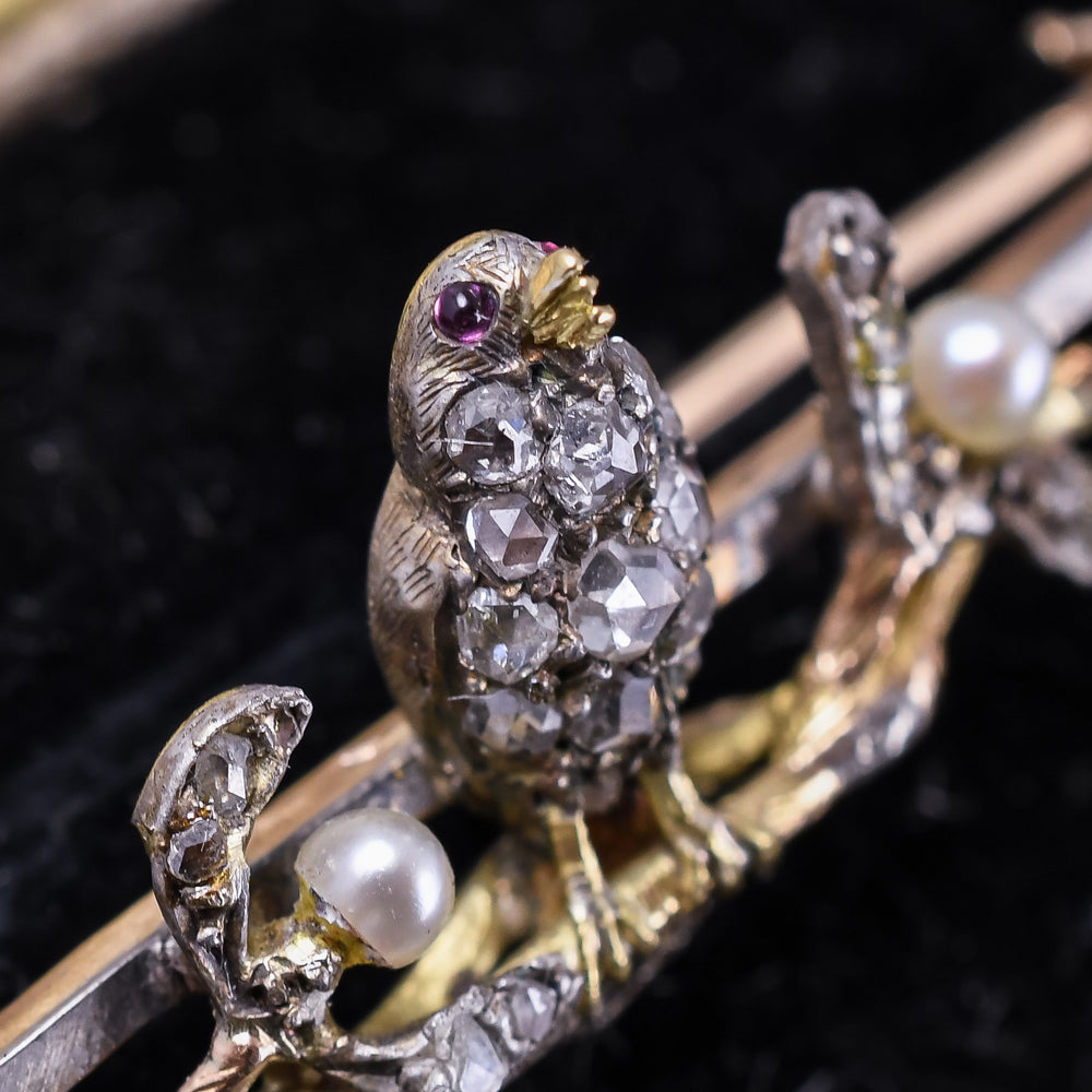 Victorian Diamond Robin & Mistletoe Bar Brooch