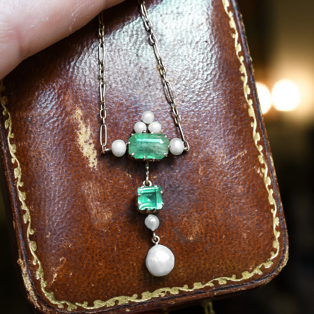 Late Victorian Emerald & Pearl Pendant Necklace