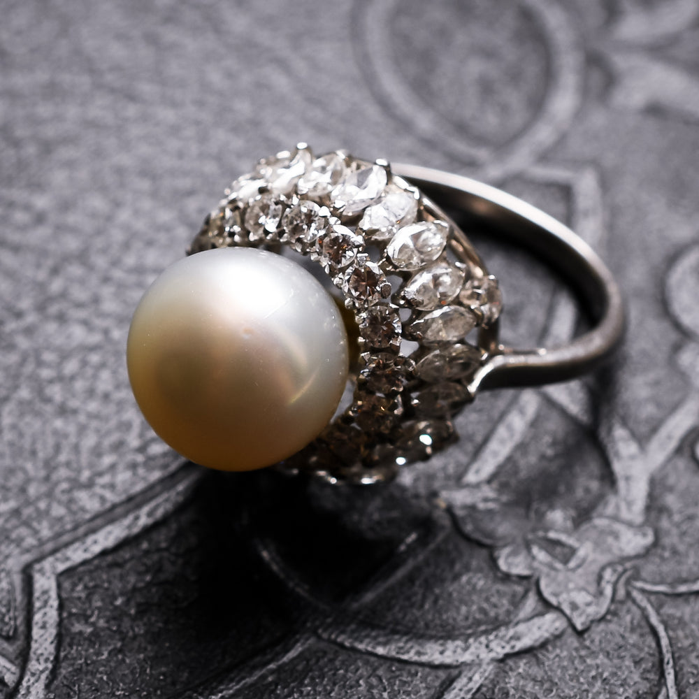 Mid-Century Pearl & Diamond Cocktail Ring